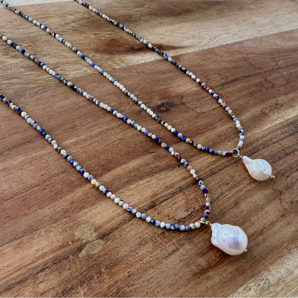Mixed Gemstone Beaded Earthtone Necklace, Baroque Pearl Pendant